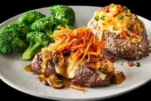"Outback Steakhouse lunch combos with mix-and-match options like steak, chicken, shrimp, soup, and salad for midday meals"