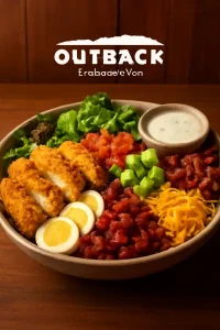 "Outback Steakhouse salad sides featuring house salad, Caesar salad, blue cheese wedge, and fresh garden greens with dressings"

