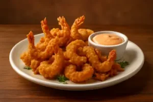 "Outback Steakhouse Bloomin' Fried Shrimp crispy shrimp tossed in Bloomin’ Onion seasoning, served with spicy bloom sauce"

