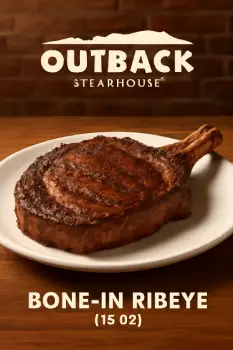 18 oz Bone-In Ribeye – richly marbled, bone-in steak grilled over open flame and seasoned with Outback’s bold spice blend – hearty and flavorful entrée