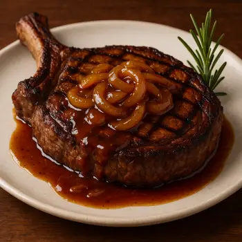 Juicy bone-in ribeye steak topped with caramelized bourbon onions – Outback Steakhouse premium entrée