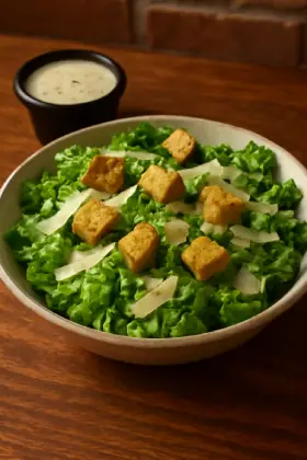 Caesar Side Salad – crisp romaine lettuce tossed with creamy Caesar dressing, croutons, and shaved Parmesan cheese – classic Outback Steakhouse side