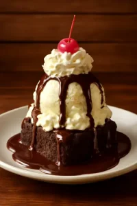 "Outback Steakhouse Spotted Dog Sundae with vanilla ice cream, chocolate drizzle, and whipped cream  a fun kids’ dessert"


