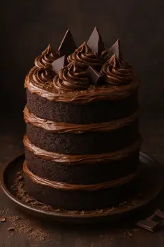 Decadent chocolate tower cake layered with rich fudge and topped with whipped cream – Outback Steakhouse dessert