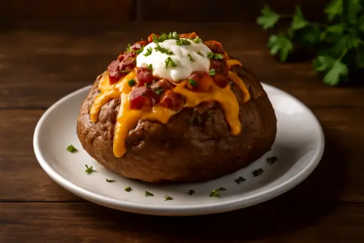 Dressed Baked Potato – fluffy baked potato topped with sour cream, shredded cheese, crispy bacon, and green onions – hearty Outback Steakhouse side dish