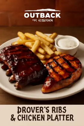 Drover’s Ribs and Chicken Platter featuring tender BBQ baby back ribs and flame-grilled chicken – hearty Outback Steakhouse combo entrée