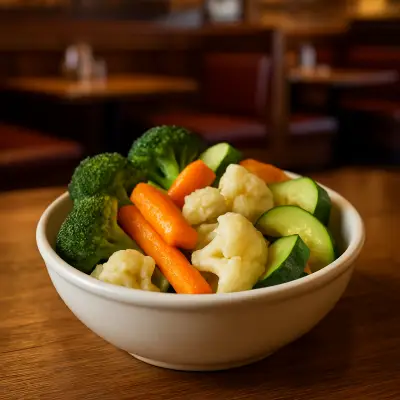 Fresh Steamed Seasonal Veggies – a colorful mix of broccoli, carrots, and squash lightly steamed for a healthy and flavorful Outback Steakhouse side dish