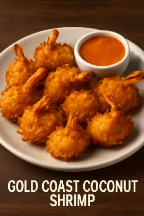 Crispy Gold Coast coconut shrimp served with sweet tangy marmalade sauce – tropical-style Outback Steakhouse appetizer