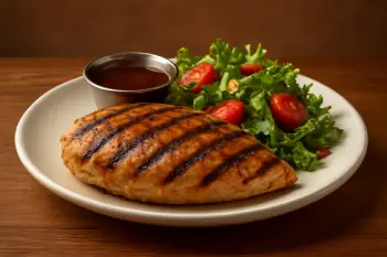 "Outback Steakhouse Grilled Chicken on the Barbie with BBQ sauce and sides, shown with updated menu price display"