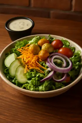House Side Salad – fresh mixed greens with tomatoes, cucumbers, cheese, and croutons, served with choice of dressing – light and healthy Outback Steakhouse starter