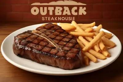 Melbourne Porterhouse steak – thick-cut, juicy T-bone combining filet and strip steak grilled to perfection – bold Outback Steakhouse entrée