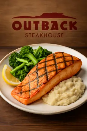 Perfectly Grilled Salmon – fresh Atlantic salmon fillet seasoned and flame-grilled, served with seasonal vegetables – healthy Outback Steakhouse seafood entrée