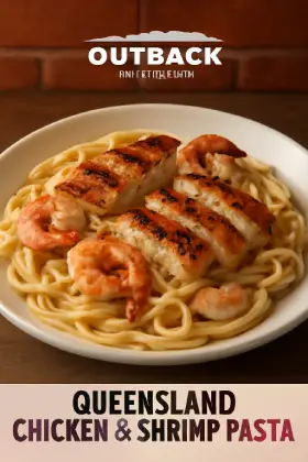 Queensland Chicken and Shrimp Pasta tossed in creamy Alfredo sauce with sautéed mushrooms – hearty Outback Steakhouse pasta entrée