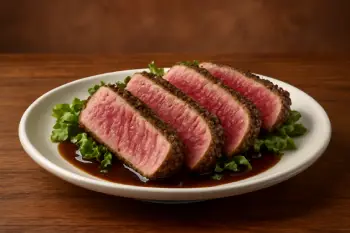Seared peppered ahi tuna served rare with Asian slaw and creamy ginger-soy sauce – premium Outback Steakhouse appetizer