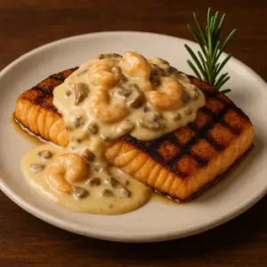 "Outback Steakhouse Toowoomba Salmon topped with creamy shrimp and mushroom sauce, served with fresh seasonal sides"

