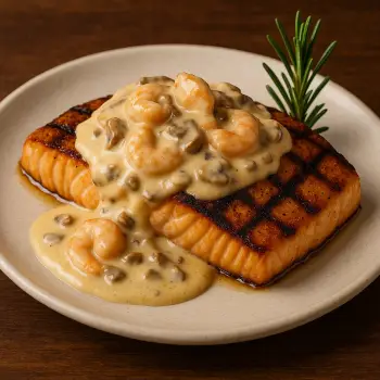 Grilled Toowoomba salmon topped with creamy shrimp and mushroom sauce – Outback Steakhouse seafood favorite