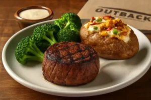 "Outback Steakhouse dinner menu featuring steaks, ribs, chicken, seafood, and combo meals with signature sides and sauces"


