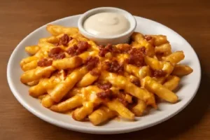 "Outback Steakhouse Aussie Cheese Fries topped with melted Monterey Jack, Cheddar, and crispy bacon, served with ranch dressing"


