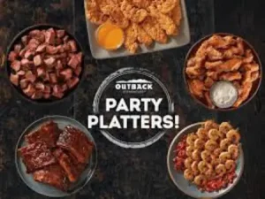 "Outback Steakhouse party platter with grilled shrimp, coconut shrimp, chicken wings, and dipping sauces for group gatherings"

