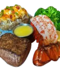 "Outback Steakhouse Steak and Lobster Dinner featuring a tender grilled sirloin paired with a buttery lobster tail and classic sides"

